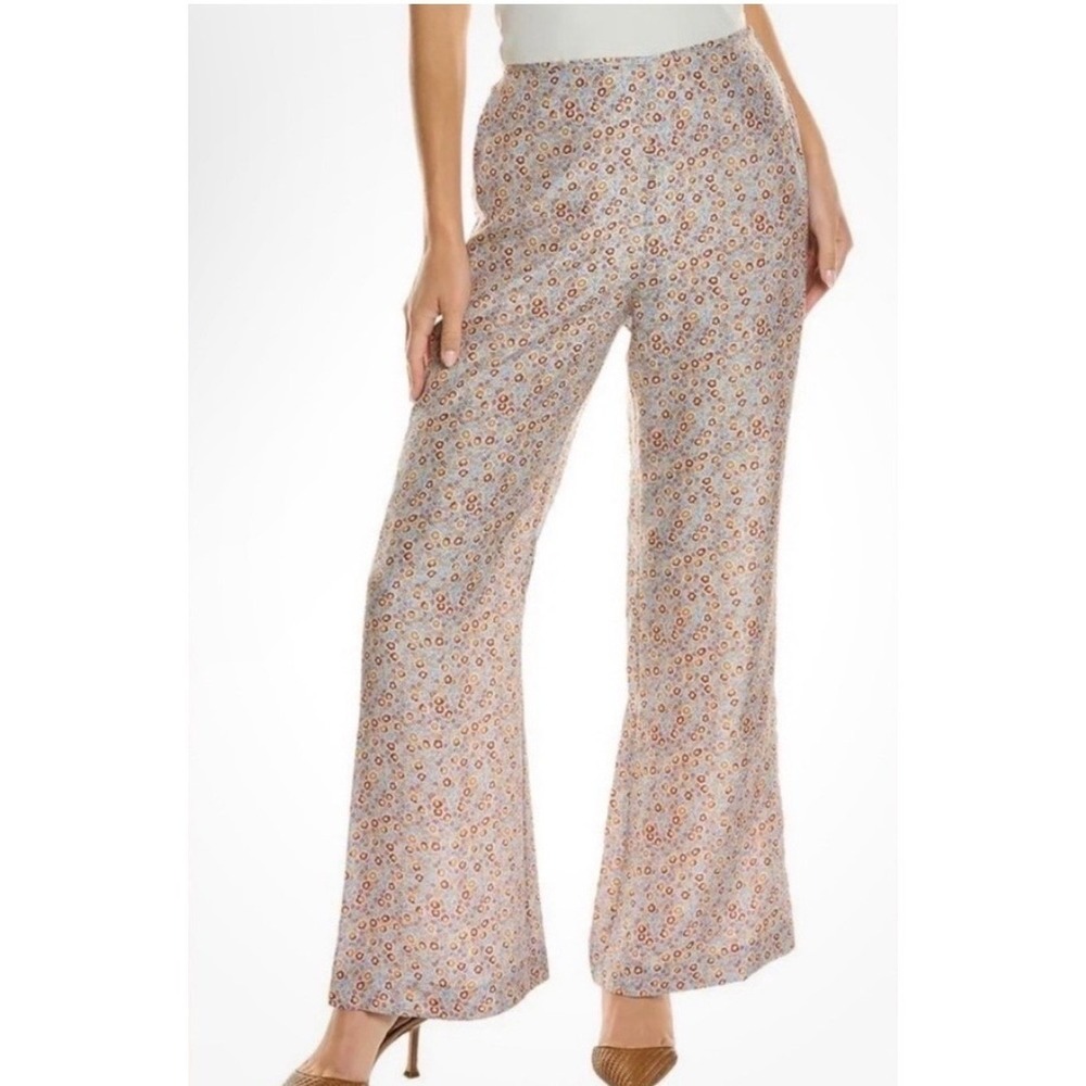 Rebecca Taylor Violet Fleur Silk Pajama Pants Size 8 Blue Floral Wide Leg NWOT